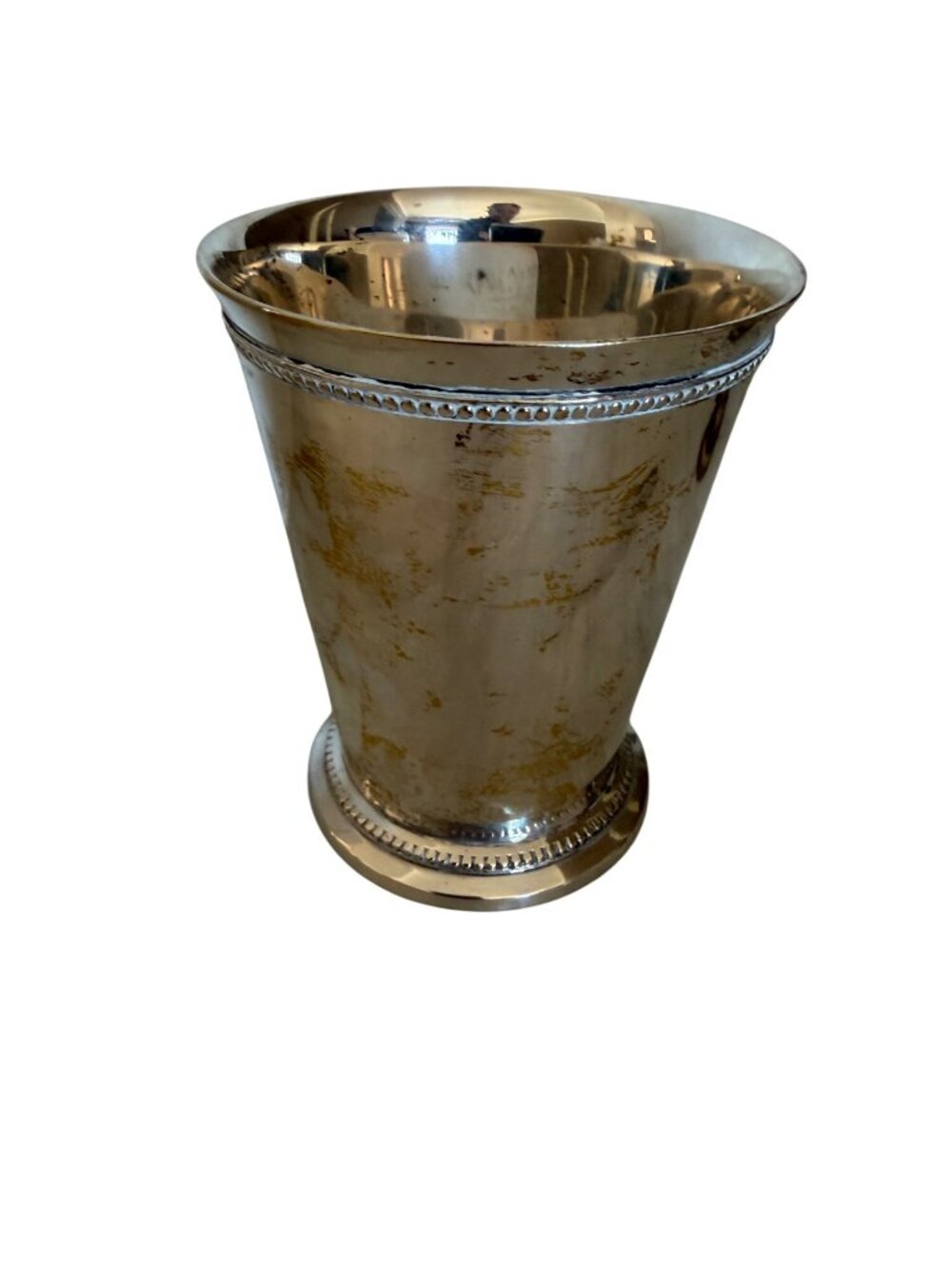 Vintage Silver-Plated Beaded Rim Vase With Tarnished Patina And Elegant Detailin
